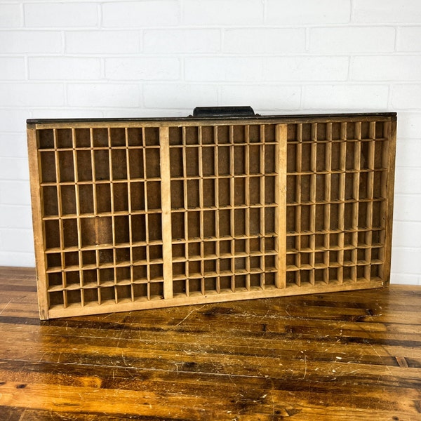 Large Vintage Wooden Printers Tray with 147 Slots 32x17" Authentic Wood Knick Knack Shelf Miniature Trinket Letterpress Curio Shadow