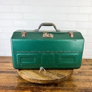 17x9" Vintage Green Metal Tackle Box with Trays XL Old Tackle Box for Display Decorative Fishing Decor Industrial Decor