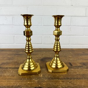 Pair Vintage Hampton Brass Candlestick Holders Set of 2 Gold Metal Candle Holder For Tabletop Holds Tall Candles Gold Shelf Decor