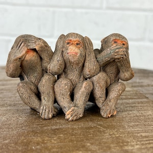 Early 20th-Century Hand-Painted Terracotta Three Wise Monkeys Figurine See No Evil, Hear No Evil, Speak No Evil