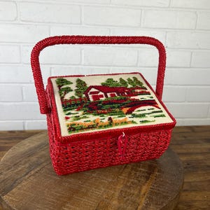 Vintage Red Wooden Sewing Box with Lid Landscape Needlepoint Red Interior Square Wood Red Wicker Box with Hinged Lid Sewing Stuff