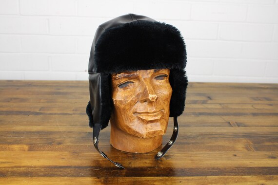 Vintage Furry Black Trapper Hat, Mens Winter Hat,