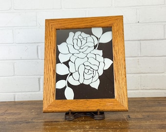 Vintage Wall Mirror with Frosted Rose and Leaf Design • Oak Wood Frame • Retro Floral Etched Glass Mirror