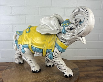 Vintage Elephant Statue Large Ceramic Elephant Handmade Gray Blue Yellow Elephant Gift Elephant Decor High End Decor
