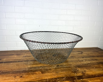 22x9" Distressed Large Vintage Silver Metal Wire Basket Large Round Metal Basket Decorative Oversized Basket Industrial Decor