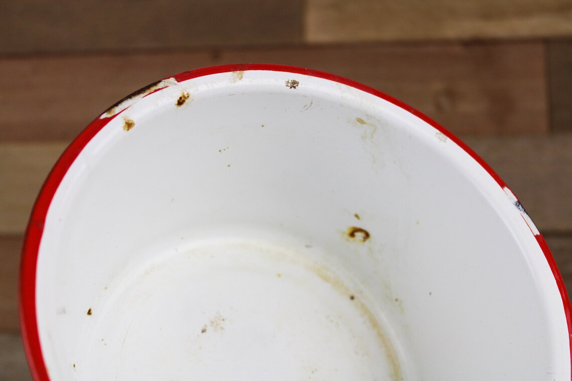 White Enamel Pot with Red Trim Chipped Enamelware Etsy