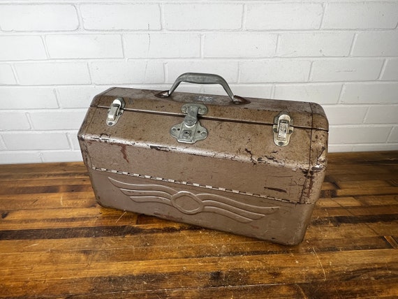 19x10 Vintage JC Higgins Brown Metal Tackle Box With Trays XL Old