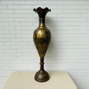 XL 41&quot; Solid Brass Etched Vase with Elephant – Heavy Vintage Urn from India