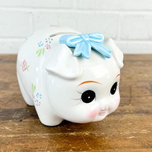 Vintage Lefton Piggy Bank – Ceramic Pig Coin Bank with Blue Bow & Floral Pattern – Lefton Exclusives Malaysia
