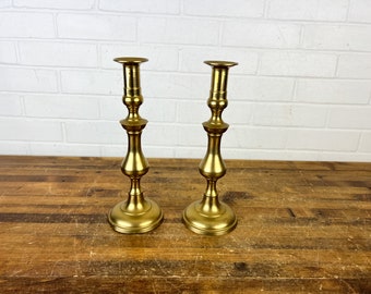 11" Pair Vintage Brass Candlestick Holders Set of 2 Gold Metal Candle Holder For Tabletop Holds Tall Candles Gold Shelf Decor