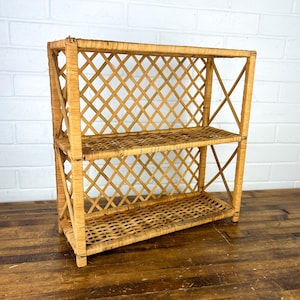 Vintage Brown Wicker Shelf Tabletop Shelf Wooden Boho Shelf For Plants