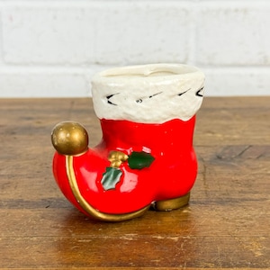 Vintage Ceramic Santa Boot Planter – Red Christmas Vase with Gold Bell Tip – Holiday Decor Accent