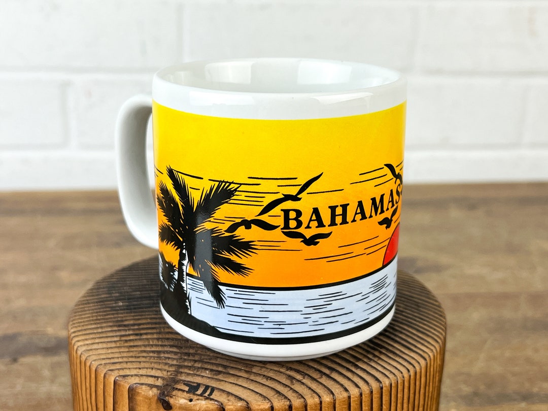 Vintage Bahamas Coffee Mug With Ocean Sunset Trees and Birds Bright