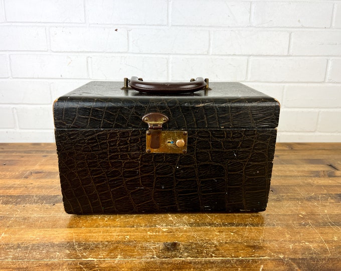 Distressed Vintage Brown Train Case Wooden Body with Faux Skin Exterior Luggage Make Up Container Purse Carry On Suitcase Mid Century