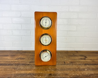 Vintage Sunbeam Brown Wood Weather Station Hanging Hygrometer Barometer Thermometer Nautical Decor Weather Decor