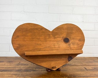 17" Vintage Handmade Heart Wall Shelf – 1990 Wooden Peg Shelf with Love Note, Rustic Country Decor