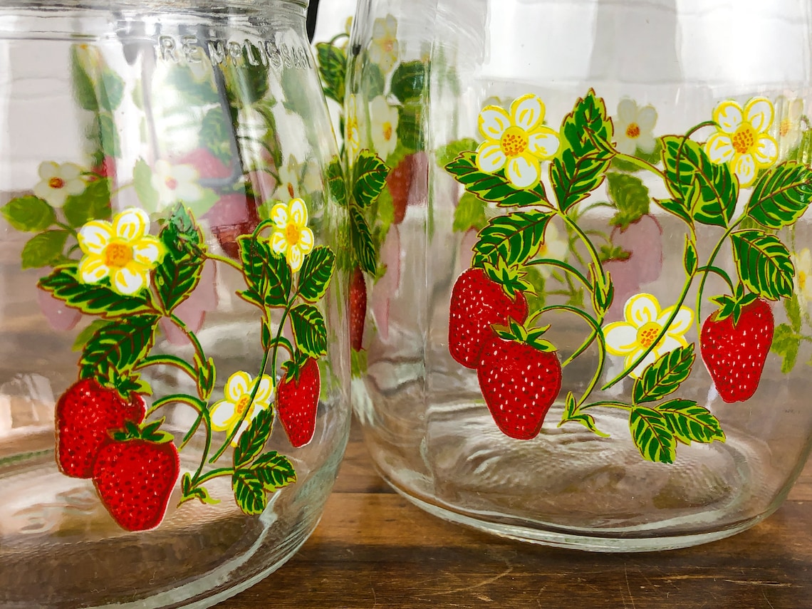 4 Piece Vintage Glass Strawberry Themed Canister Set Arc Etsy