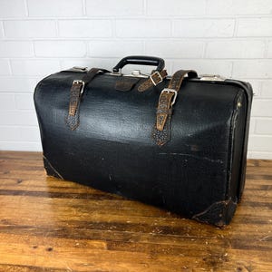 Distressed Vintage Black Leather Suitcase Shaped Like Doctors Bag Antique Leather Luggage to Display Old Suitcase Prop