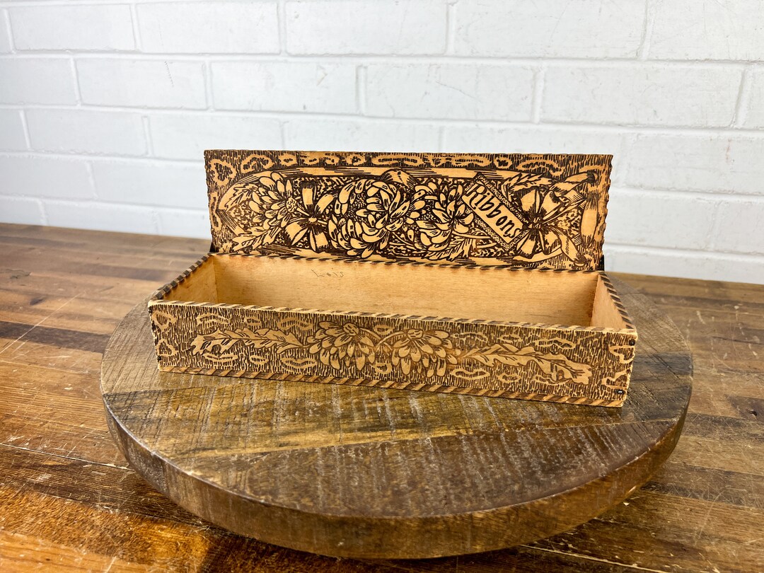 Vintage Wizard Wood Burned Box With Lid Floral Wooden Box With Flowers ...