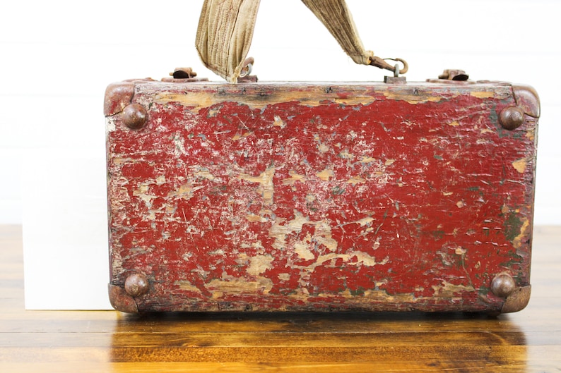 Distressed Vintage Wooden Box 13 x 8 with Handle Latches Burgundy Metal Corners Label Holder Rectangle Shape Storage