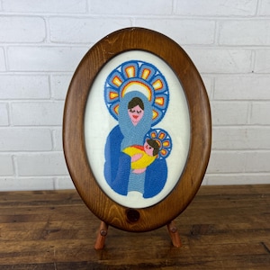 Vintage Colorful Madonna and Child Needlepoint in Wooden Frame Handmade Art Religious Wall Art Peaceful Madonna Mary Mother Mary