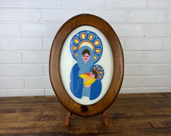 Vintage Colorful Madonna and Child Needlepoint in Wooden Frame Handmade Art Religious Wall Art Peaceful Madonna Mary Mother Mary