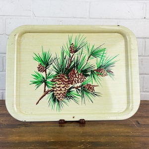1950s Vintage Metal Tray – Faux Wood & Pinecone Design, Wonderfully Distressed Rustic Charm