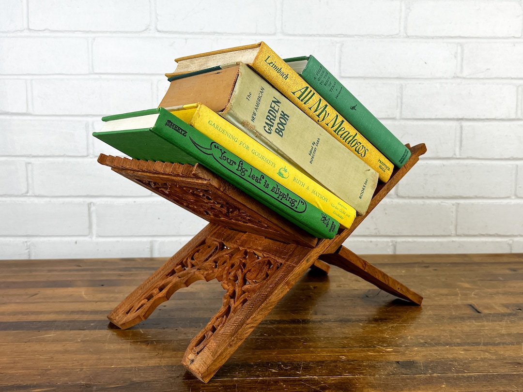 Vintage Wooden Carved Folding Wood Book Stand Bible Display Open Book