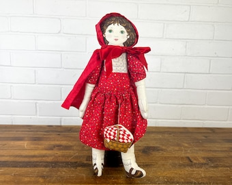 15" Vintage Handmade Little Red Riding Hood Doll with Basket Plush Girl Rag Doll in Red Dress Made by Hand