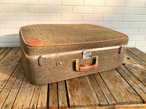 Vintage Brown Fabric Suitcase Authentic 