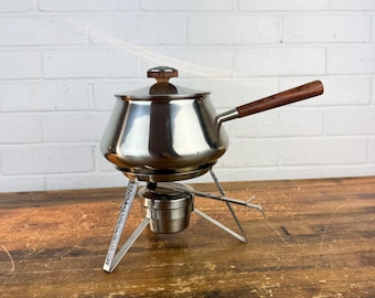 Vintage 1969 Cordova Stainless Steel Fondue Pot • Mid Century Modern Teak & Silver Accents • Japan