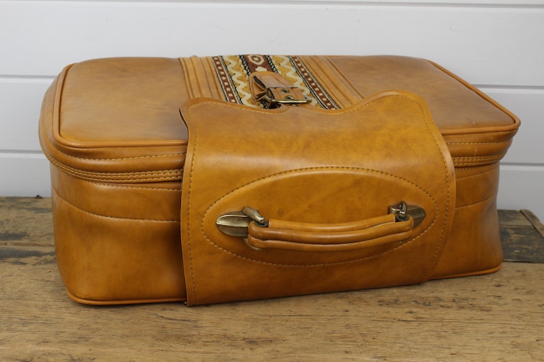 Vintage Tan Suitcase with Flap Buckle /& Fabric Front Kickass Suitcase! Soft Sides