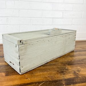 17x7" Vintage Handmade Gray Wood Box with Sliding Lid Unique Wooden Distressed Rectangle Wooden Box with Interior Sections Folk Art