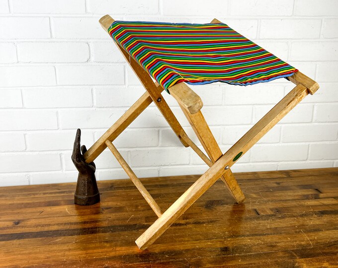 Vintage Wooden Folding Camping Stool With Rainbow Striped Cloth Seat or