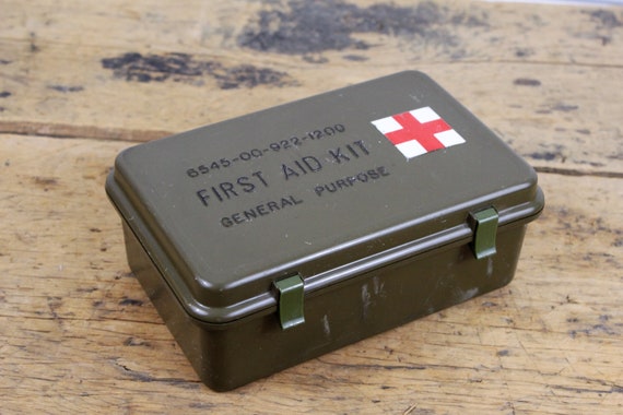 Vintage Army Green First Aid Kit With Contents General Purpose Red