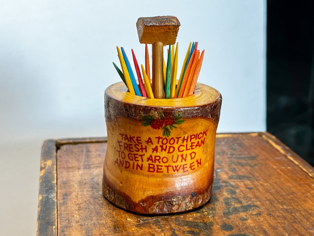 Vintage Carved Wooden Toothpick Holder Shaped Like Wishing Well With Quote Tiny Display Item