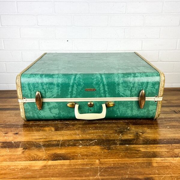 Vintage Teal Blue Marbled Samsonite Suitcase Samsonite Luggage with White Edges and Gold Metal Accents