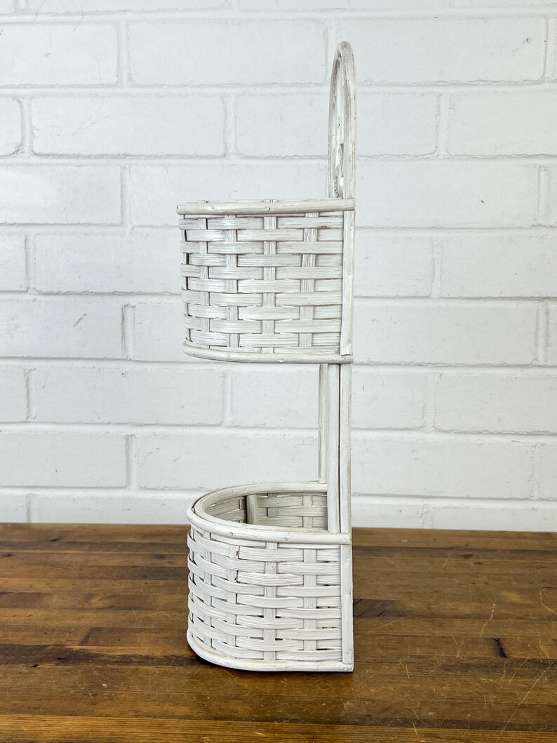 Small Vintage White Wicker Wall Shelf With 2 Pockets Hangs or Etsy