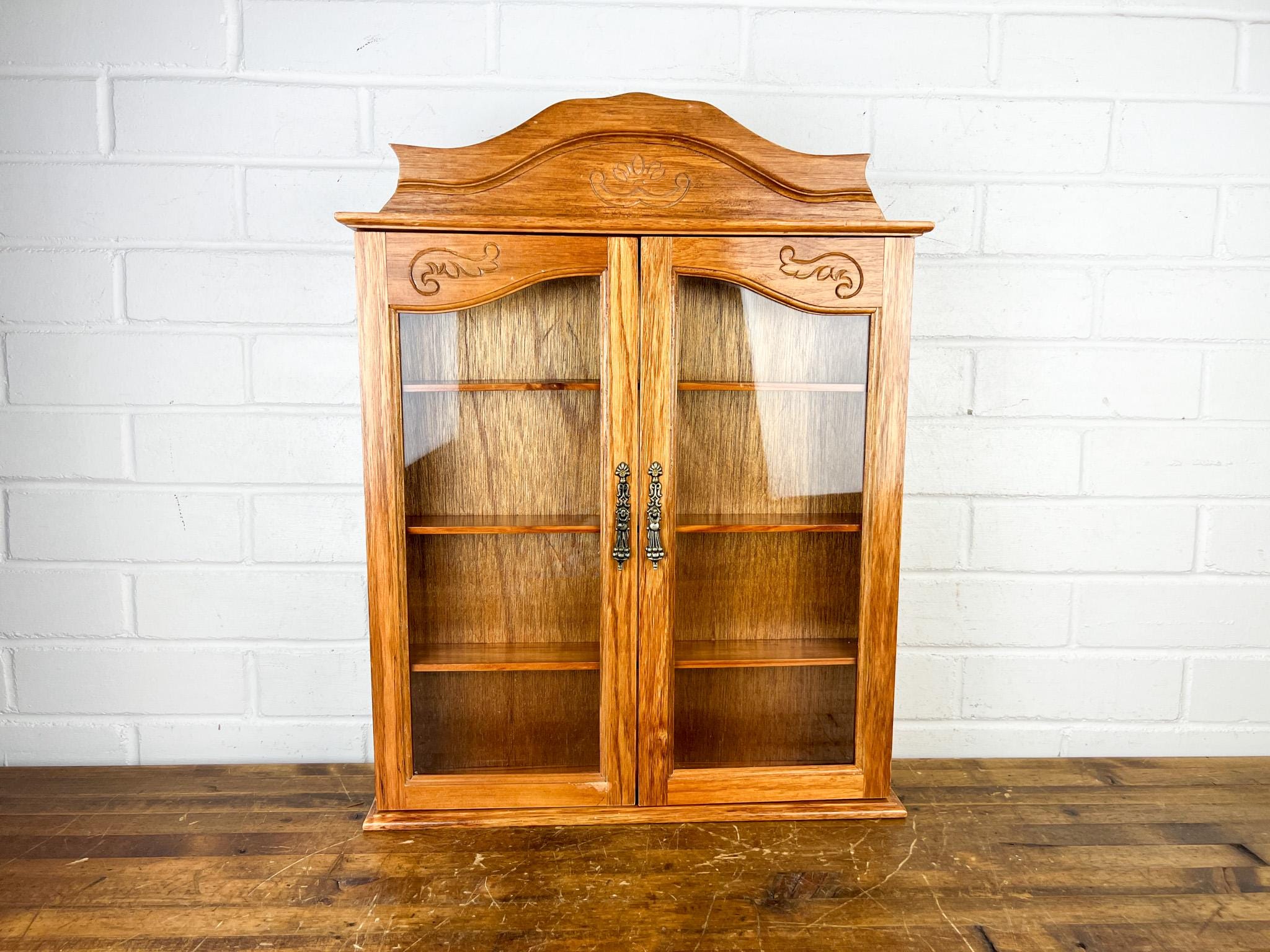 Vintage Wood Curio Cabinet with Glass Doors – Hanging Display Shelf for Miniatures, Figurines & Collectibles