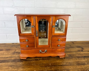 Vintage Wooden Jewelry Box With Glass Doors And Lock Vintage