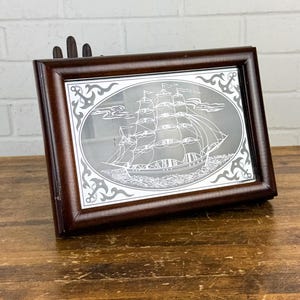 Vintage Wood Jewelry Box with Clipper Ship Glass Top – Velvet Lined – Nautical Theme – Made in Taiwan