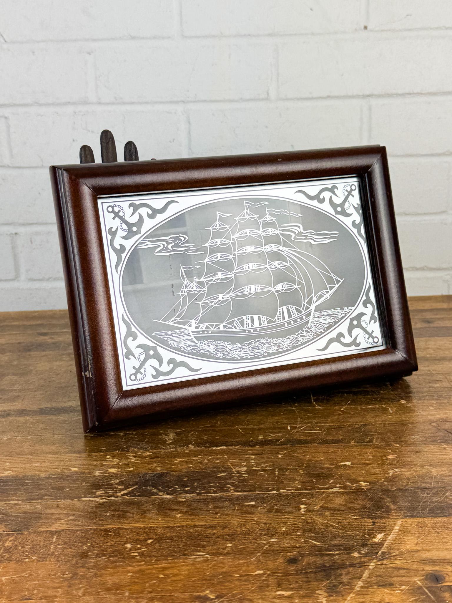 Vintage Wood Jewelry Box With Clipper Ship Glass Top – Velvet