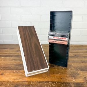 Vintage Metro Products Cassette Tape Holder – Plastic Box with Faux Wood Lid – 15 Slot Capacity
