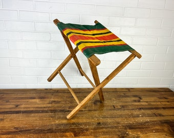 Vintage Wooden Folding Camping Stool with Stripes or Rustic Luggage Rack Green Red Yellow Striped Cloth Seat Cool Stool Camping Prop