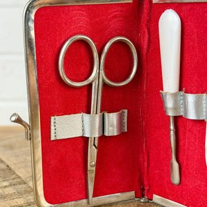 Vintage Austrian Manicure Set 1950s | Silver Leather Kiss Clasp Case | Red Velvet Grooming Kit | Travel Nail Care Set | Made Austria Germany image 3