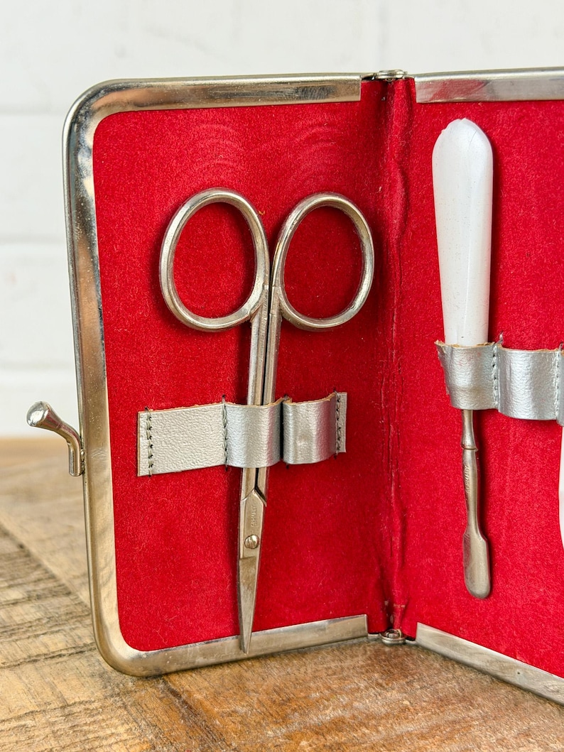 Vintage Austrian Manicure Set 1950s | Silver Leather Kiss Clasp Case | Red Velvet Grooming Kit | Travel Nail Care Set | Made Austria Germany image 3