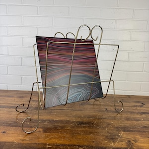 Vintage Mid-Century Gold Metal Magazine Rack – Retro Record Holder with Curved Legs