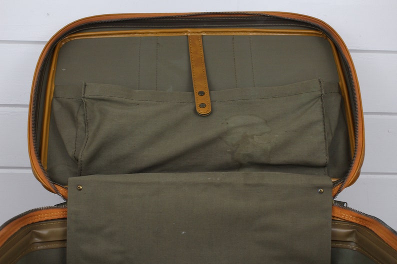 Vintage Tan Suitcase with Flap Buckle /& Fabric Front Kickass Suitcase! Soft Sides