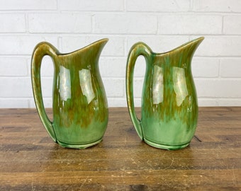 Two Vintage Unique Green Pitchers Vases Boho Shabby Chic Decor