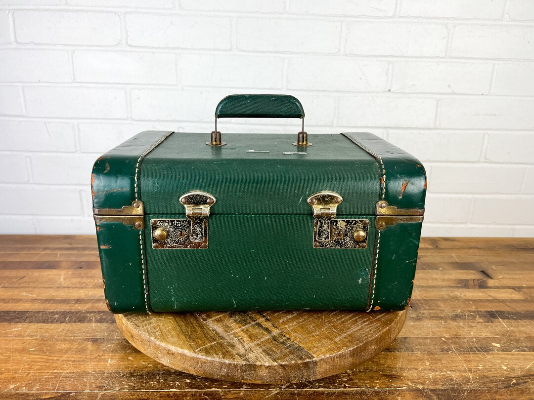 Distressed Vintage Green Train Case With Gold Accents Aged Makeup